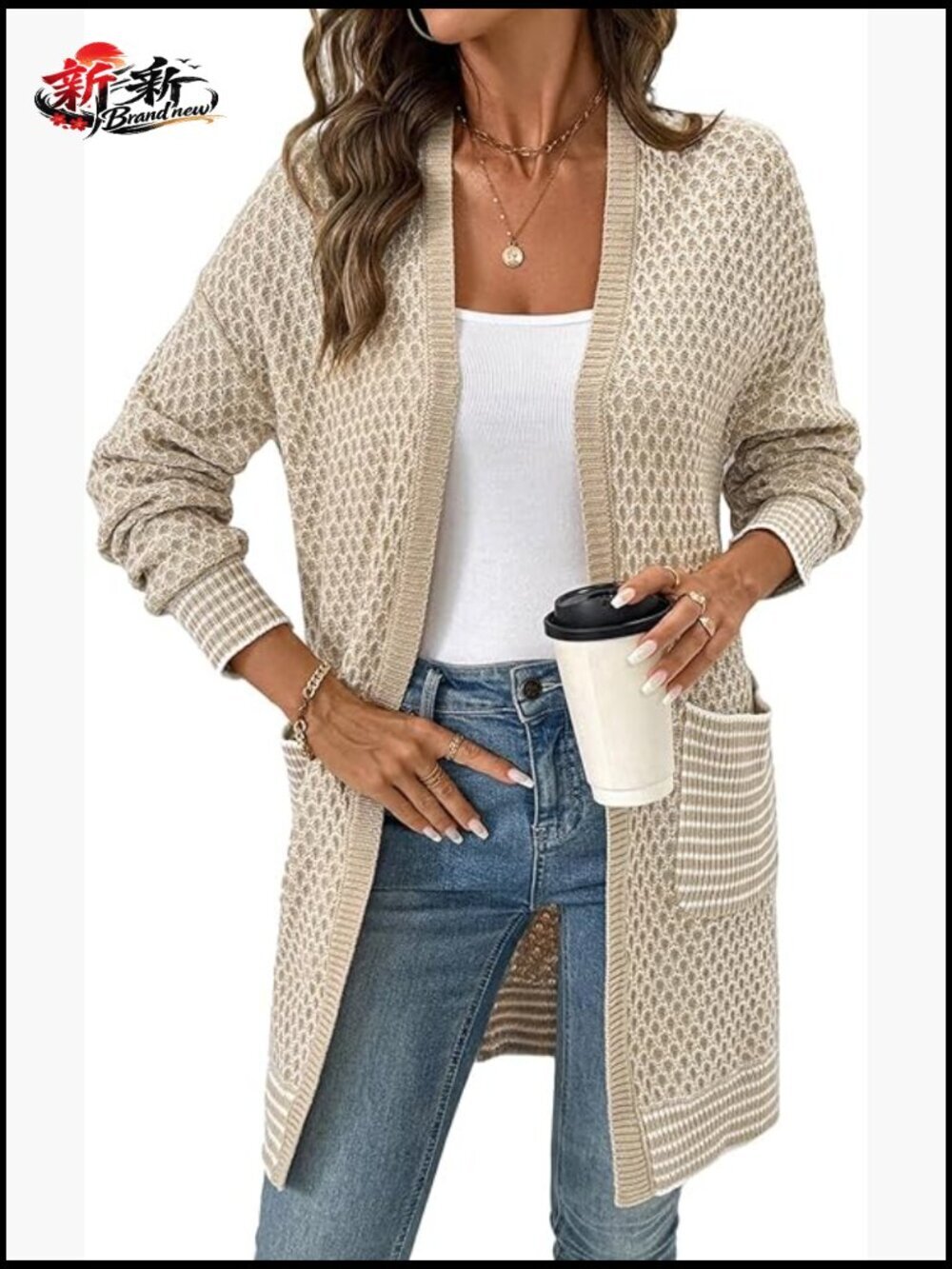 Chunky Hexagon Knit Open Front Cardigan Sweater Long Sleeve Women